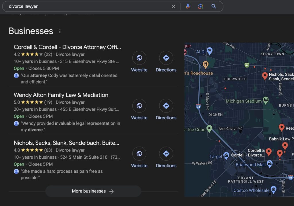 screenshot of local map pack for query "divorce lawyer"